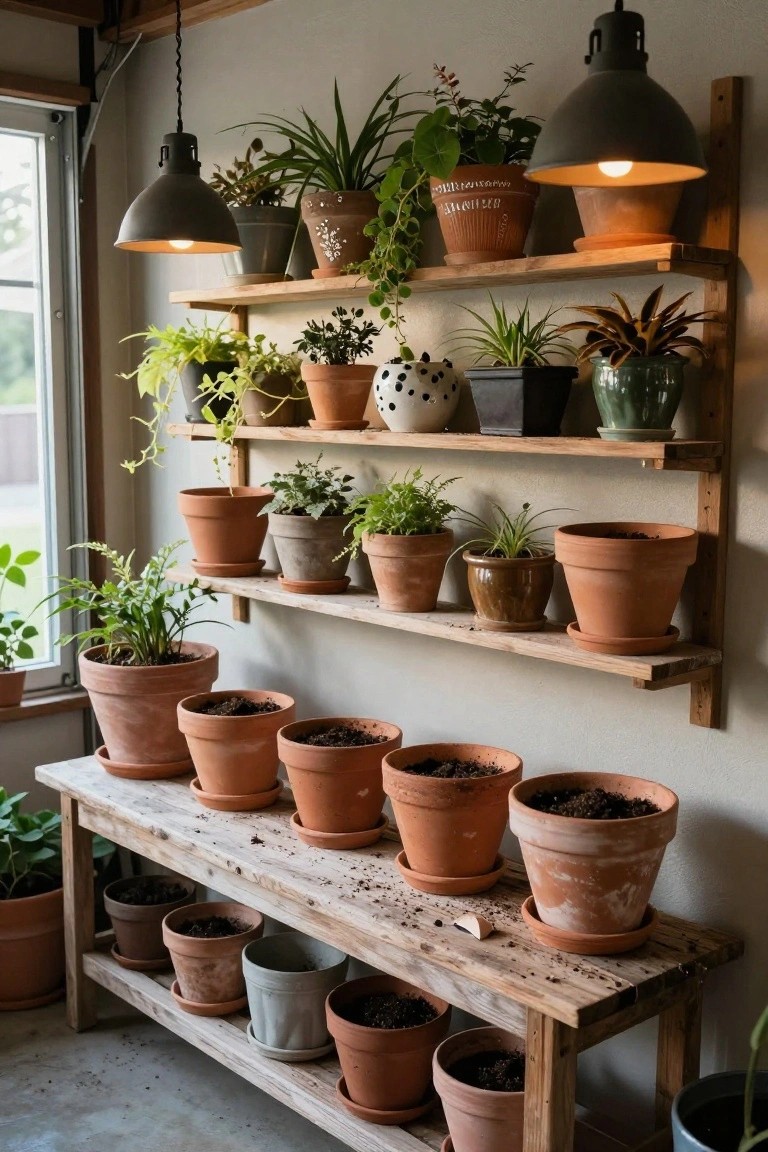 Pendant lights hanging over a wooden garage workbench lined with terracotta plant pots
