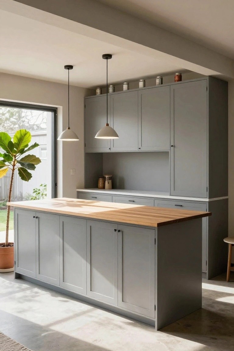 Gray kitchen cabinets with wooden island countertop and two white pendant lights hanging overhead, plants in corner by sliding glass door