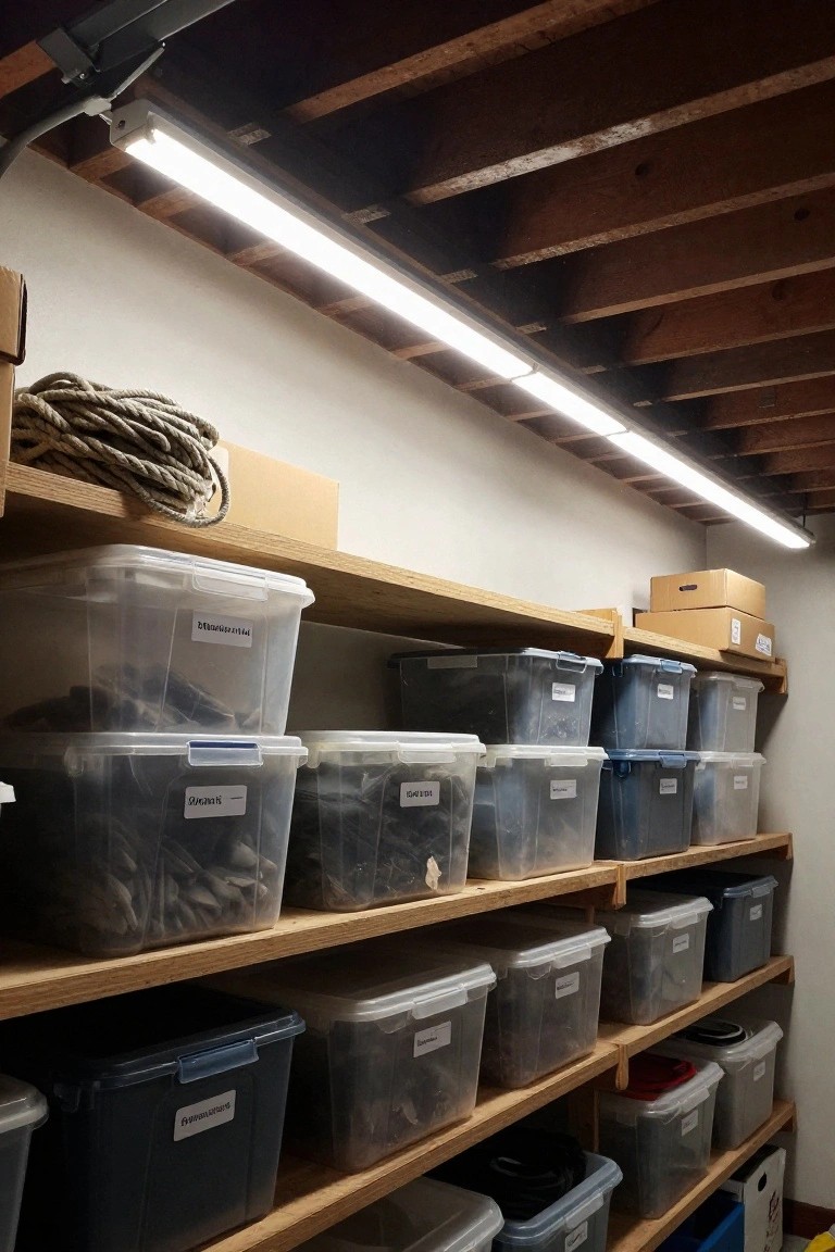 Garage wooden shelves with under-shelf LED strip lighting over stacked plastic storage bins