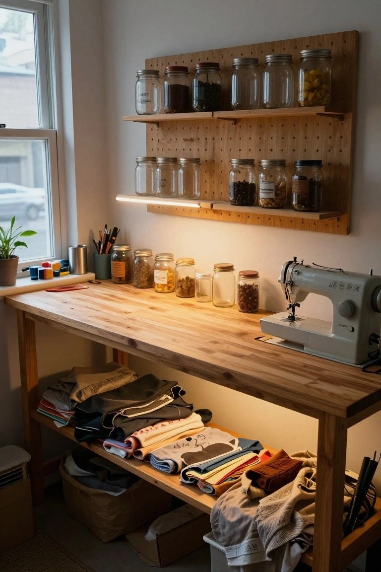 Garage workbench area lit by LED strips under wooden shelves, highlighting jars, fabrics, and a sewing machine