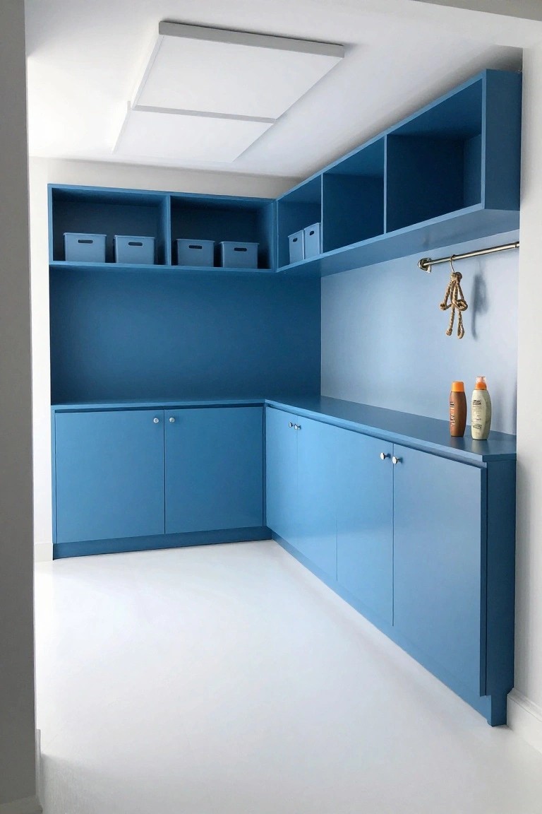 Brightly lit utility room with blue cabinets, open shelves, and rectangular flush-mount ceiling panel lights