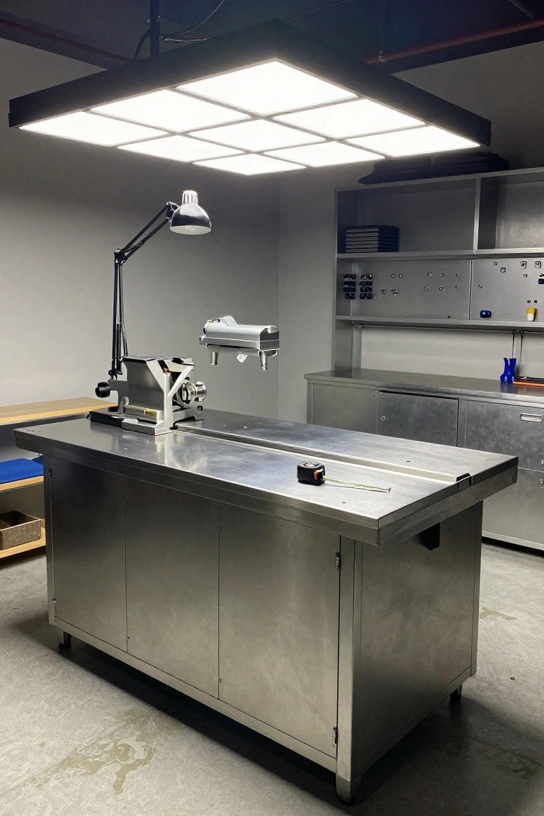 Bright overhead grid panel lights over stainless steel workbench in garage workshop