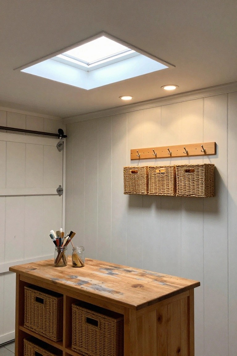 Garage workshop with central skylight, recessed ceiling lights, wooden workbench, and wicker storage baskets on paneled walls
