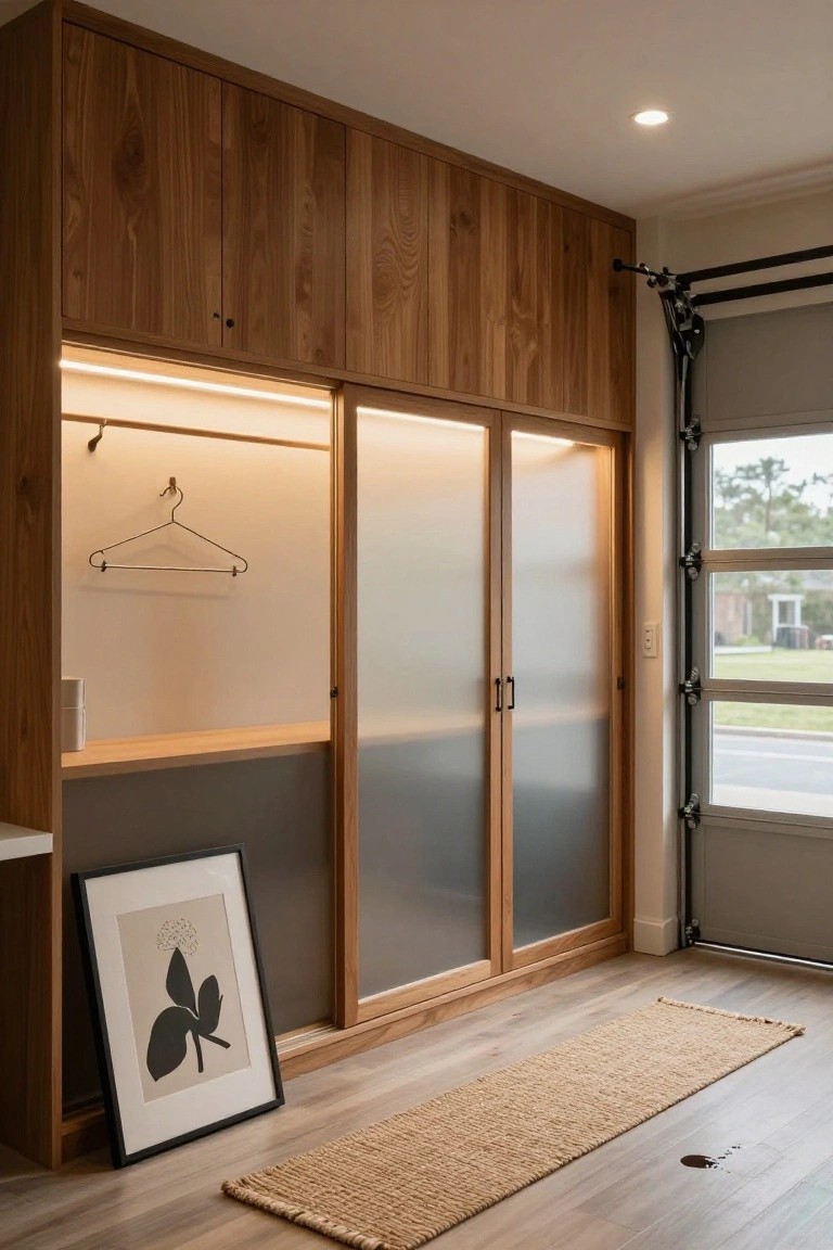 Garage storage cabinet with warm wood finish, frosted glass doors, and glowing interior LED lights highlighting a hanger inside