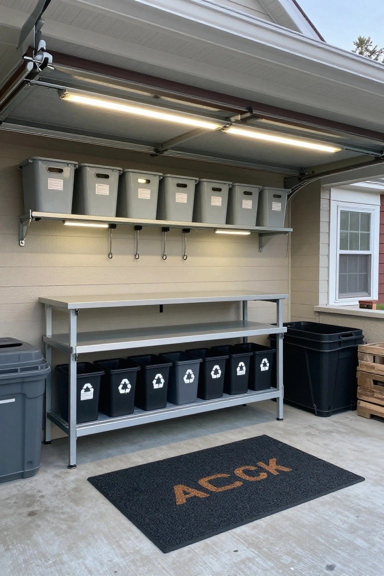 Garage workbench area with gray storage bins on wall shelves above and below, black recycling bins underneath, and bright linear lights mounted under the eaves and shelves