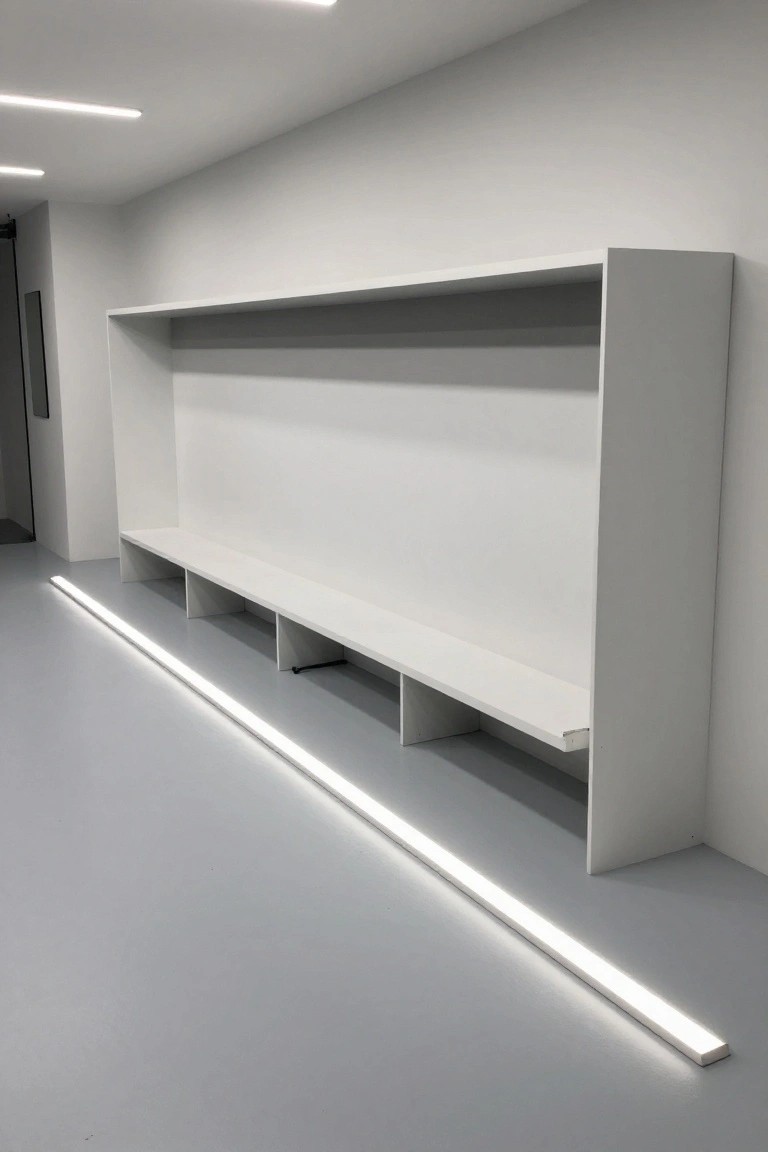 Floor-level linear LED strip lighting under a white built-in garage bench and open shelving