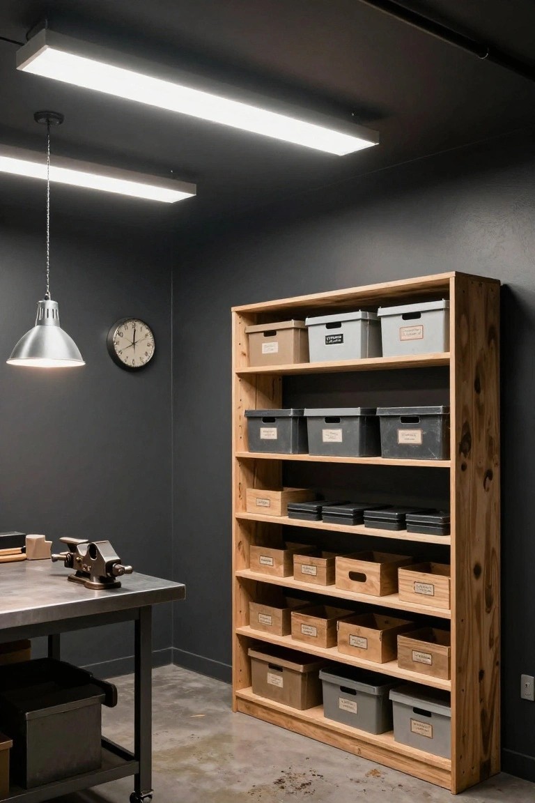 Garage workshop with dark walls, wooden shelves full of storage boxes, metal workbench, clock, and bright overhead linear fluorescent lights plus a pendant