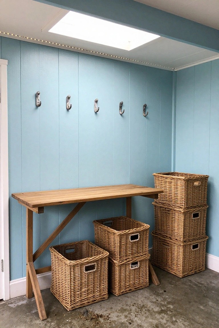 Garage mudroom with light blue paneled walls, wooden coat hooks, console table, and stacked woven baskets under a bright recessed skylight panel