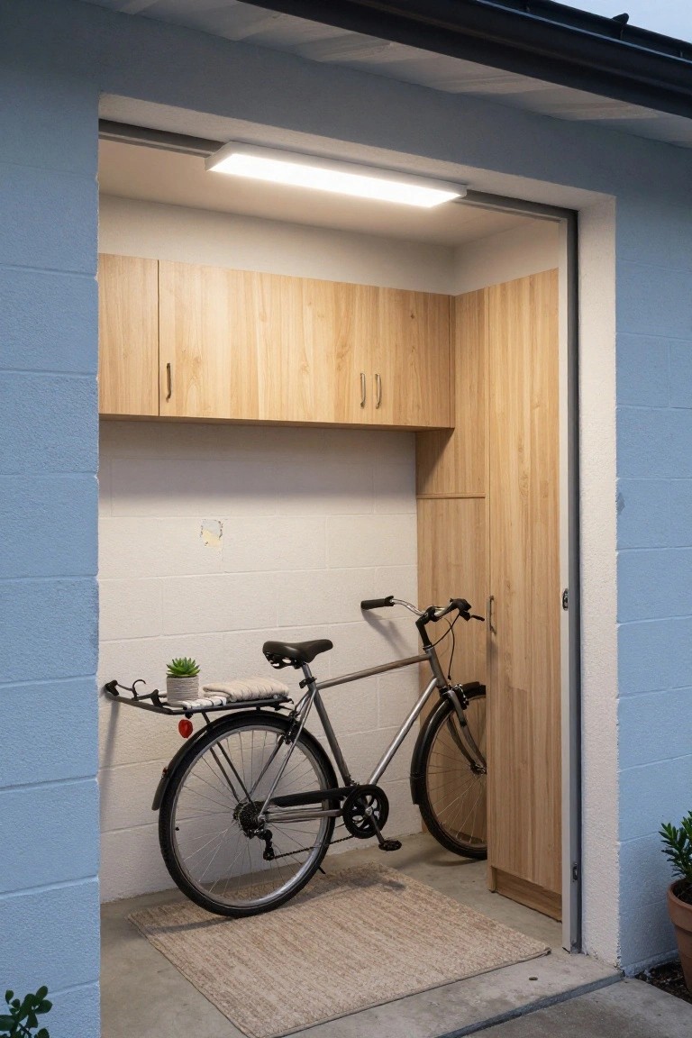 Clean garage nook with bike storage, wooden cabinets, plants, and bright linear ceiling light providing even illumination