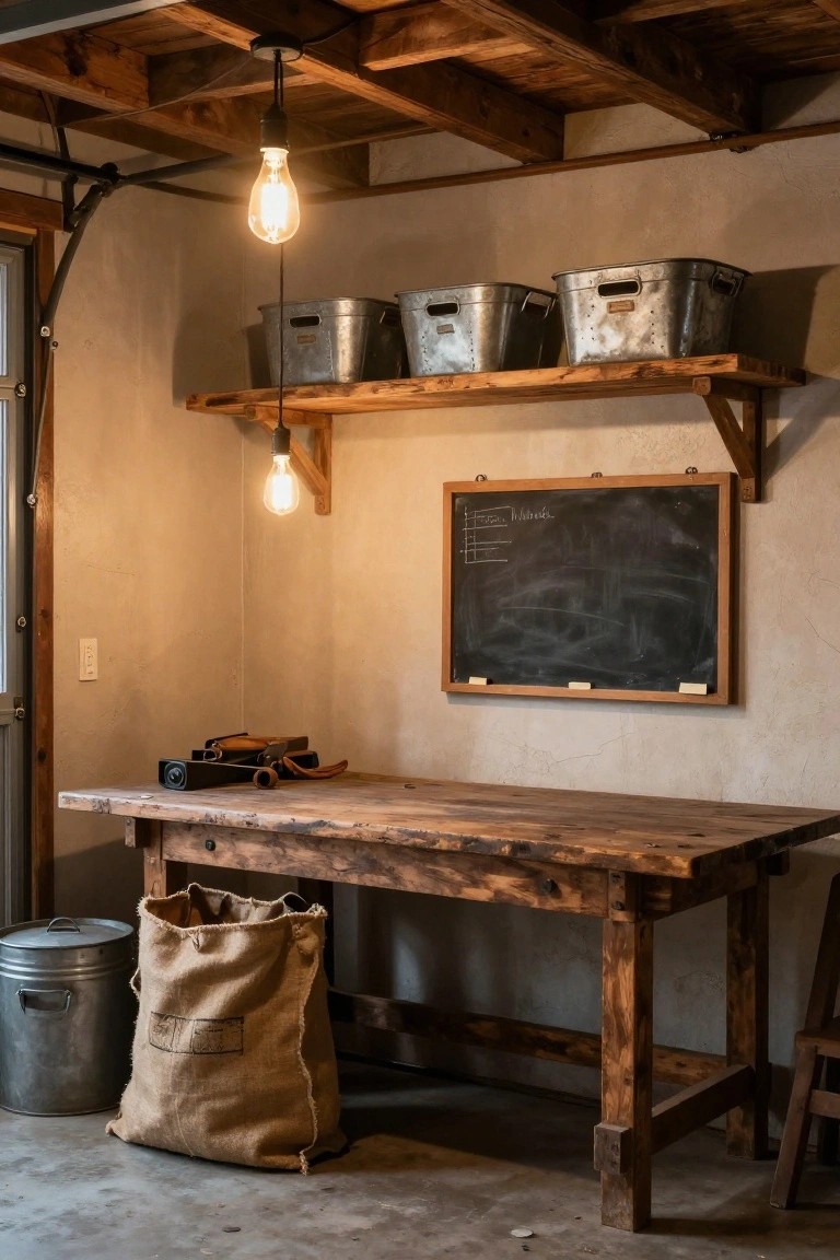 Rustic garage workshop with wooden workbench under hanging pendant light, metal bins on shelves, and chalkboard on beige wall