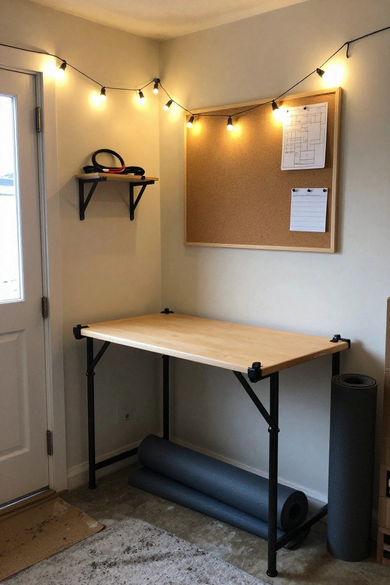 Garage corner workspace with wooden desk on metal legs, corkboard, shelf, and string lights draped along walls