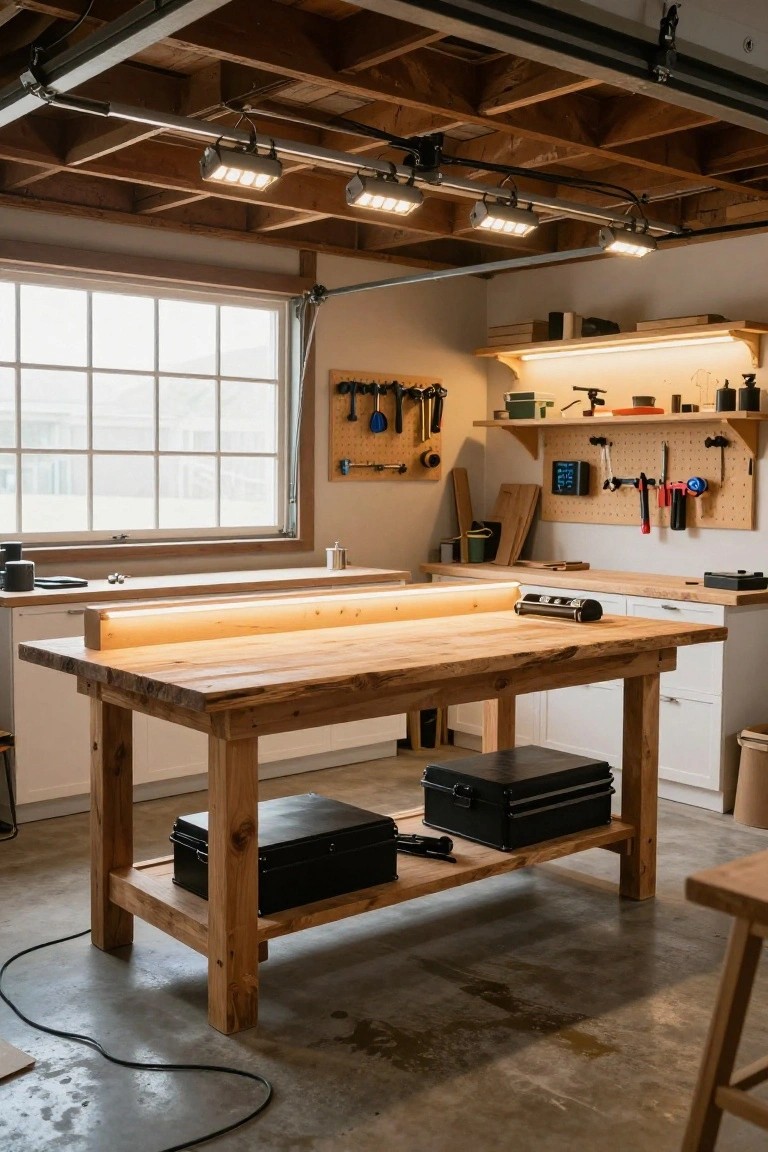 Garage workshop with LED strips lighting under shelves and workbench, plus overhead track lights over wooden beams