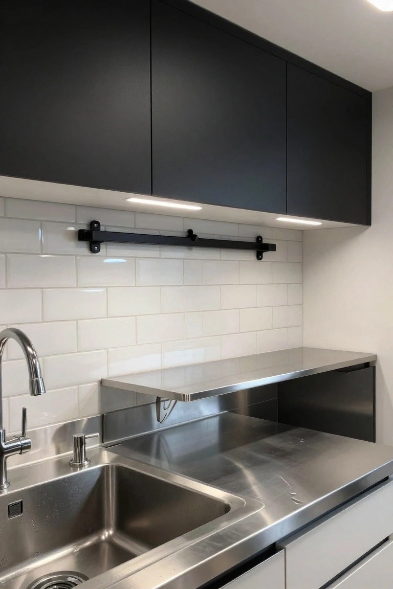 Modern kitchen featuring black upper cabinets with under-cabinet LED strip lighting illuminating white subway tile backsplash and stainless steel counters