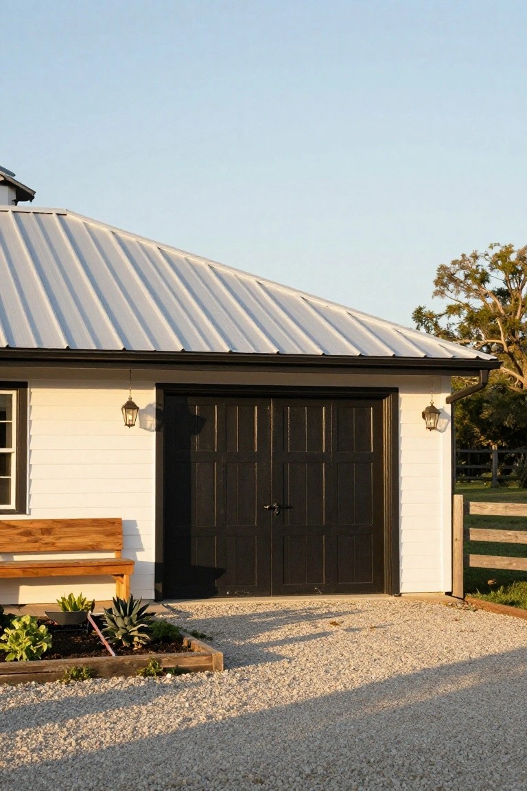 White clapboard garage building with matte black double doors, lantern lights on black trim, wooden bench nearby, potted plants in a gravel area, and a white metal roof under clear skies