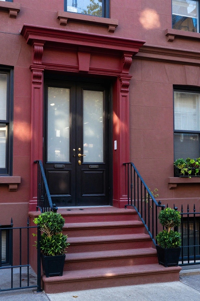 Red brick brownstone facade with matching painted stoop steps, black double doors in red frame, black railing, and potted boxwoods