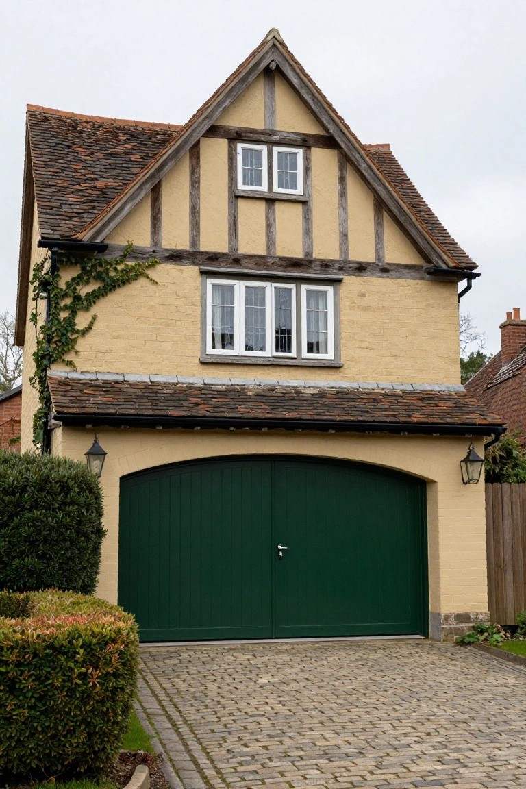 Traditional beige Tudor house with prominent deep green arched garage door, flanked by lanterns and shrubs on a paved driveway