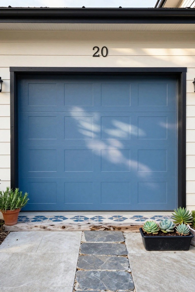 Modern garage door painted deep navy blue with paneled design, framed by white house siding, black trim, and potted succulents on a concrete path