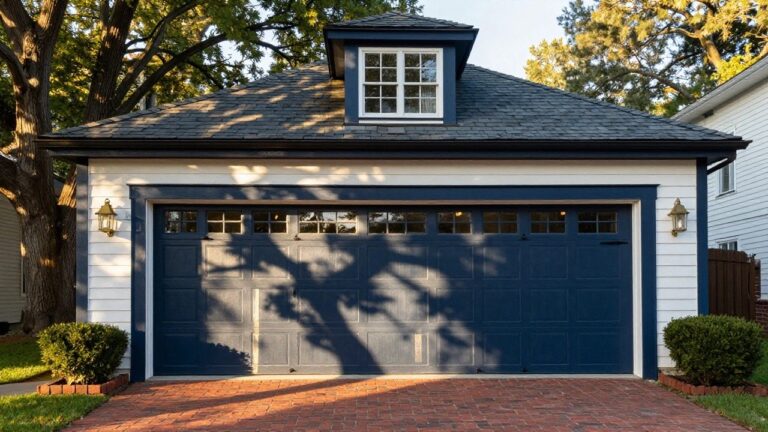21 Practical Garage Paint Ideas For Long Lasting Makeovers White clapboard garage with deep navy door, white trim, dark shingles, flanked by shrubs on brick paver driveway
