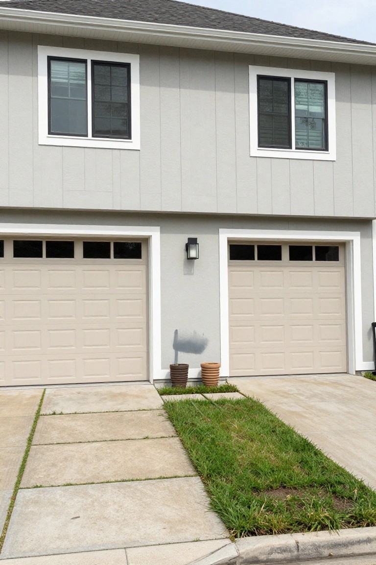 Two beige garage doors on a gray house with concrete driveway.