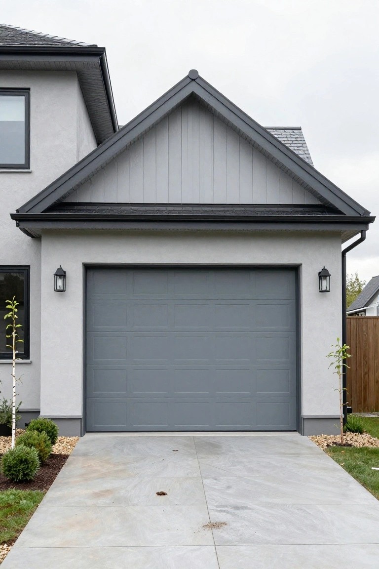 Modern gray house with dark gabled garage and concrete driveway.