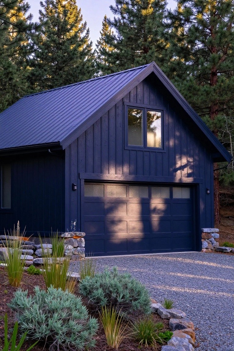 Dark navy blue painted garage with blue metal roof, stone accents, and gravel driveway in a wooded setting
