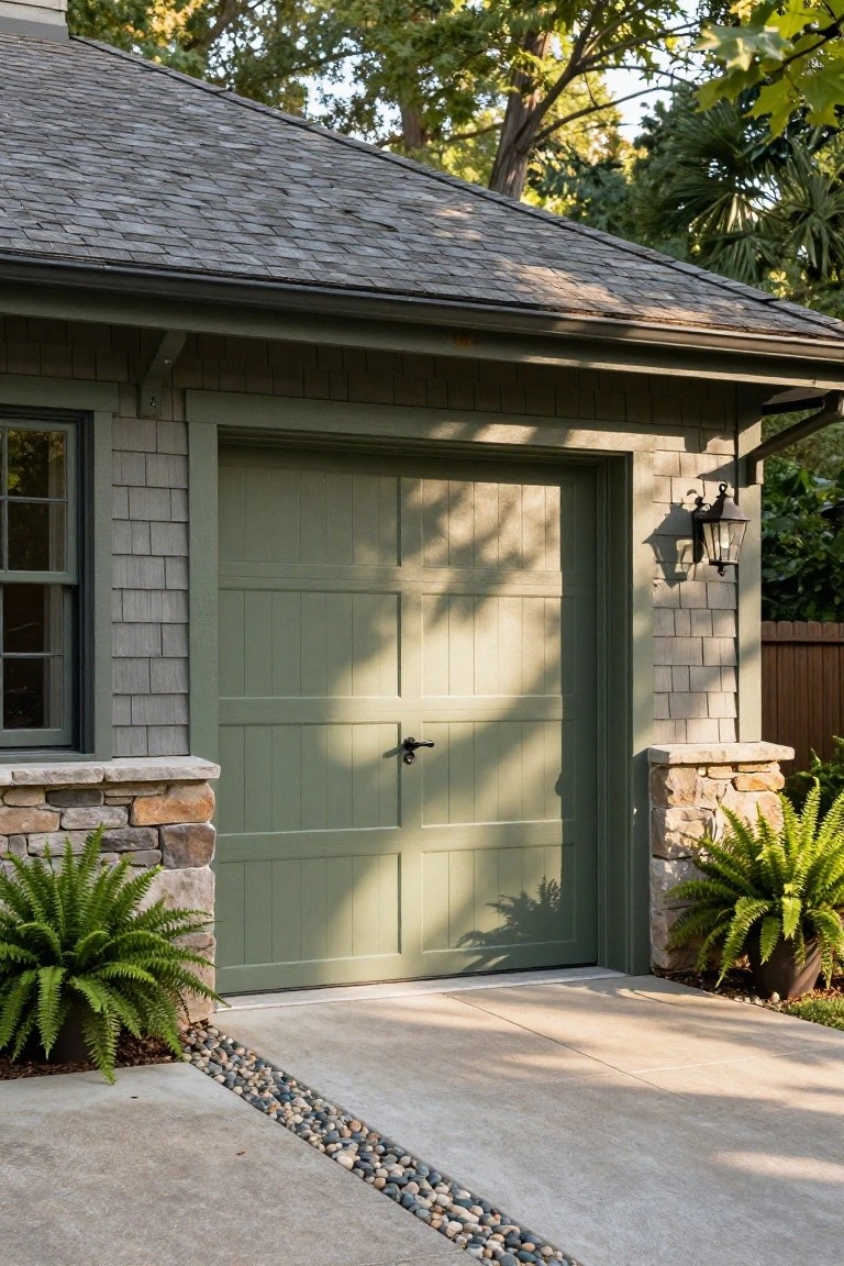 Sage green painted garage door flanked by stone pillars and ferns on a shingled exterior
