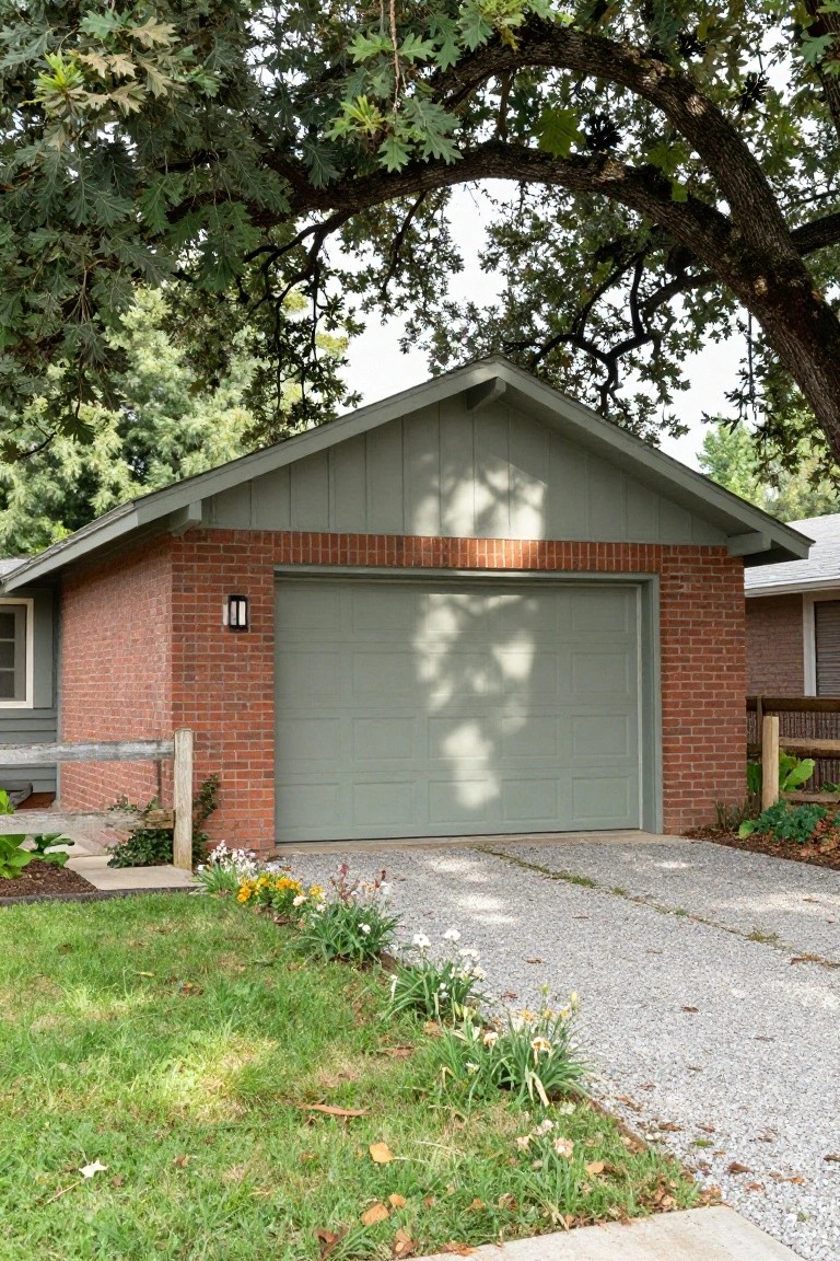 Gray garage door on a red brick house with tree overhead.