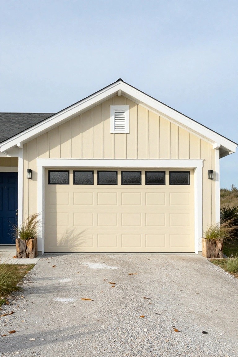 Light beige vertical siding and paneled garage door on a house exterior with white trim, blue side door, and potted grasses flanking the driveway
