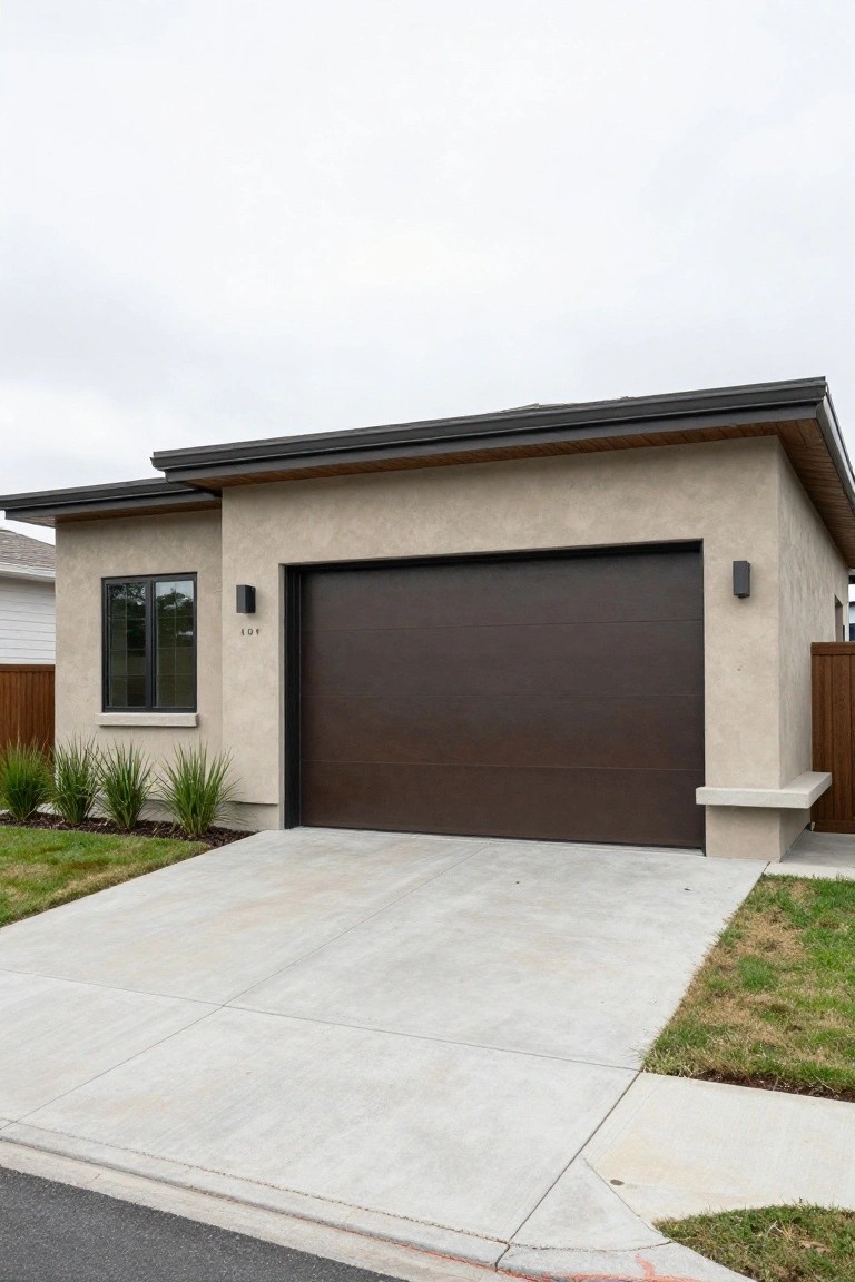 Modern garage exterior with warm greige stucco walls, dark brown garage door, and neutral landscaping
