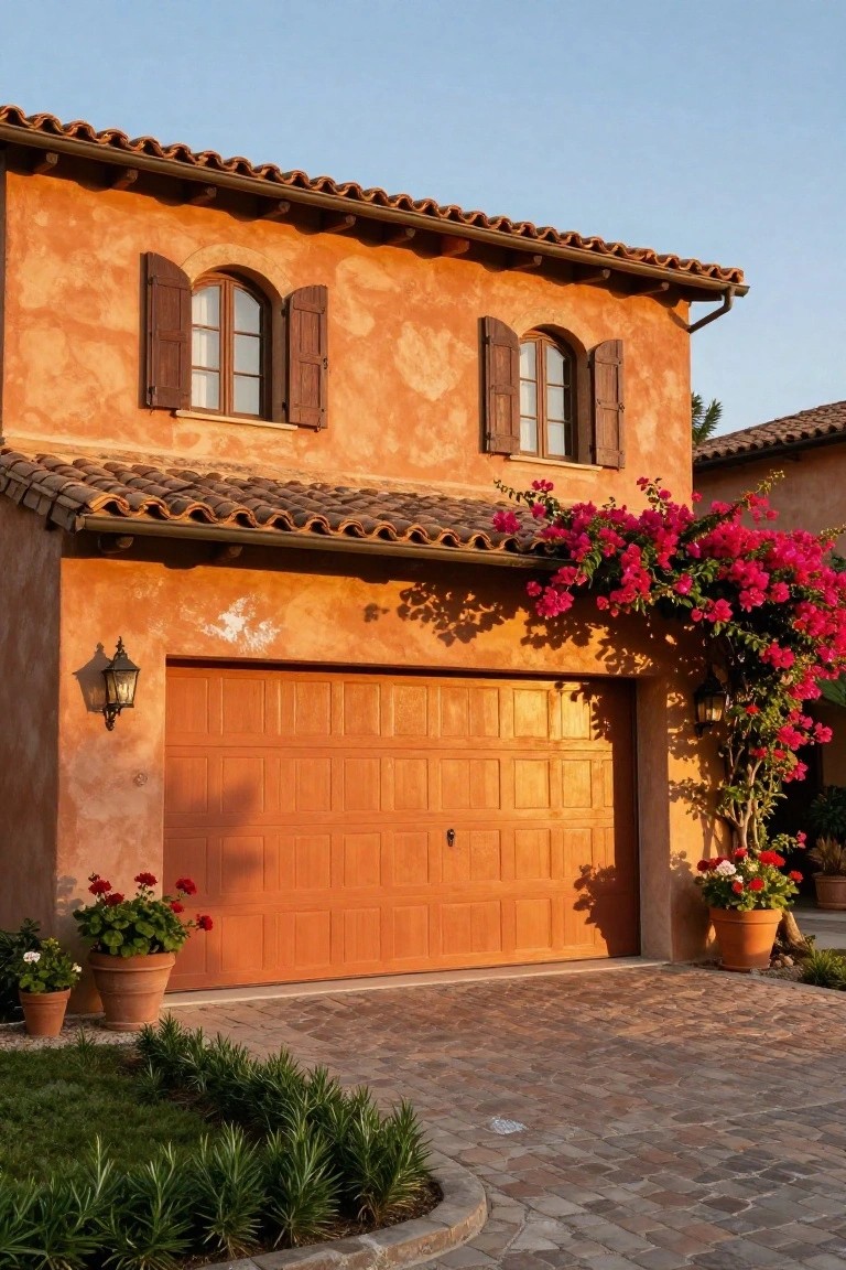 Warm terracotta stucco house with wooden paneled garage door in matching earthy orange tone, pink bougainvillea vines climbing the wall, potted red flowers, and brick driveway edged in green plants