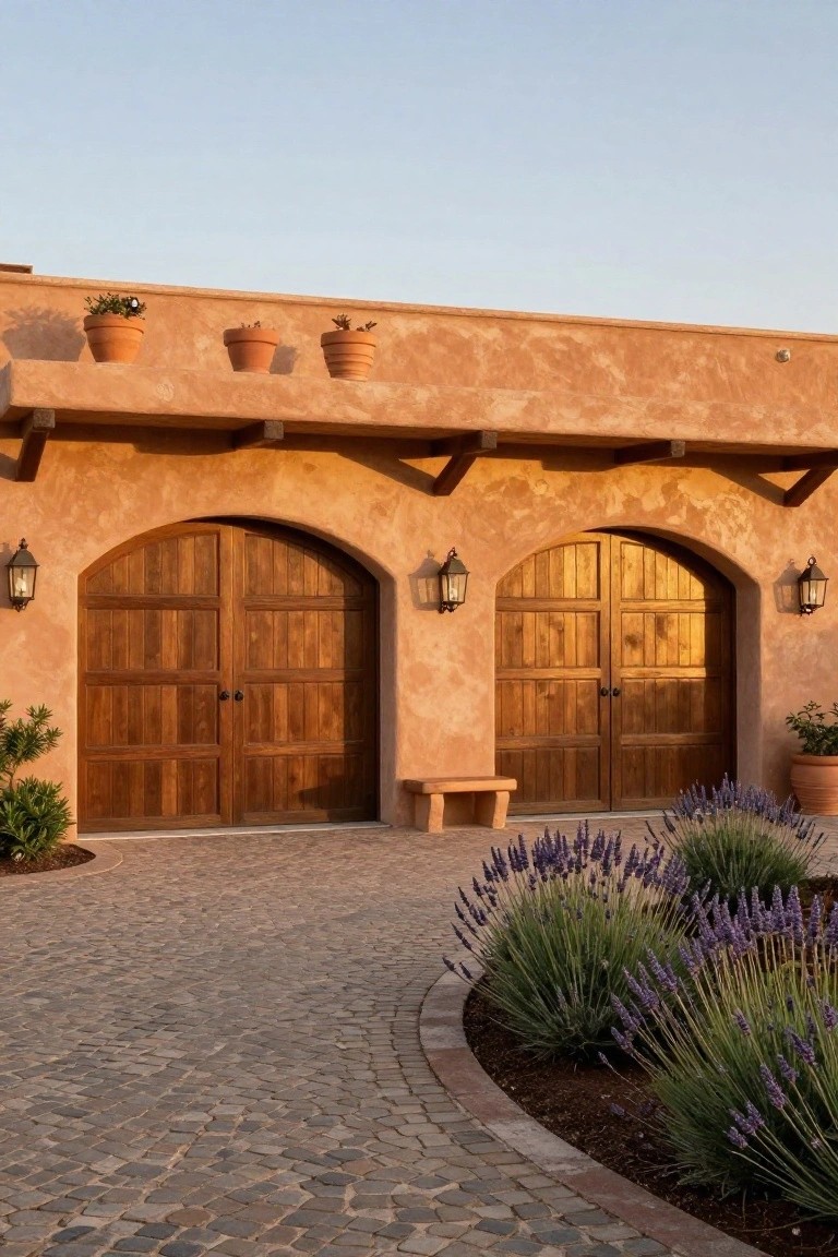 Adobe-style home with arched wooden doors, lavender garden, and cobblestone driveway.