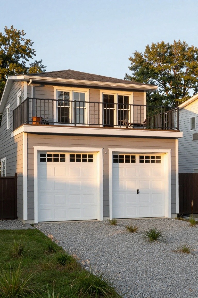 A two-story house with beige siding, white double garage doors on the ground level, and a second-story balcony with black railing, set against trees and a gravel driveway.