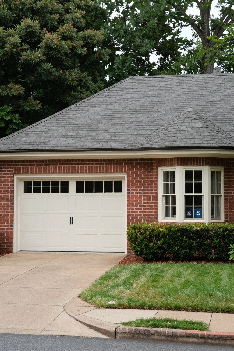 Brick house exterior with attached two-car garage featuring white paneled door, small windows in door, protruding bay window to right, gray shingled roof, shrubs in front, concrete driveway apron, and grass lawn.