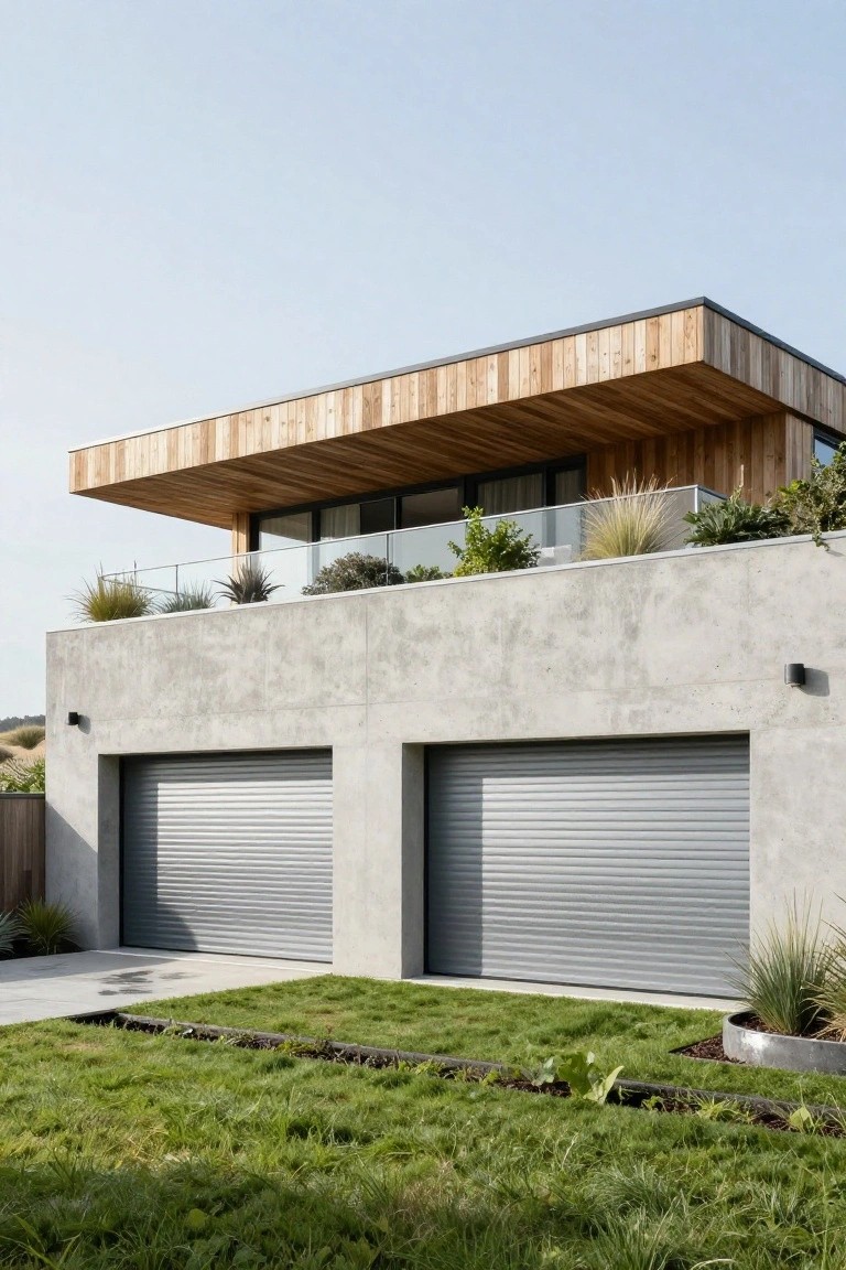 Two-car garage with gray roller doors in light gray concrete walls under a cantilevered wooden upper level featuring glass railing, plants on the ledge, grass lawn, and ornamental grasses in front.