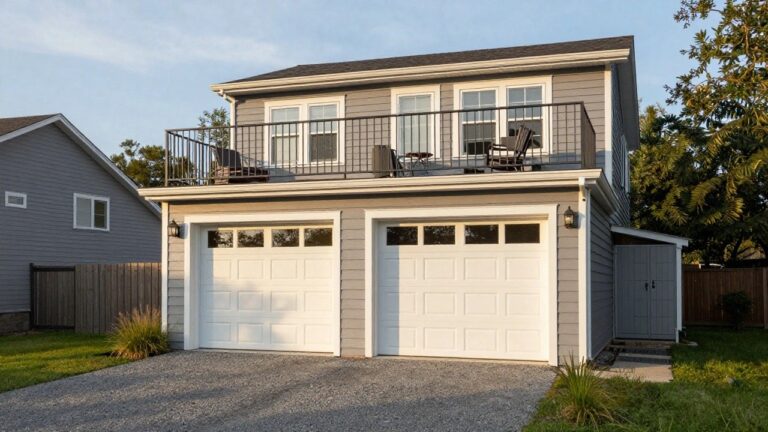 A two-story house with beige siding, white double garage doors on the ground level, and a second-story balcony with black railing, set against trees and a gravel driveway.