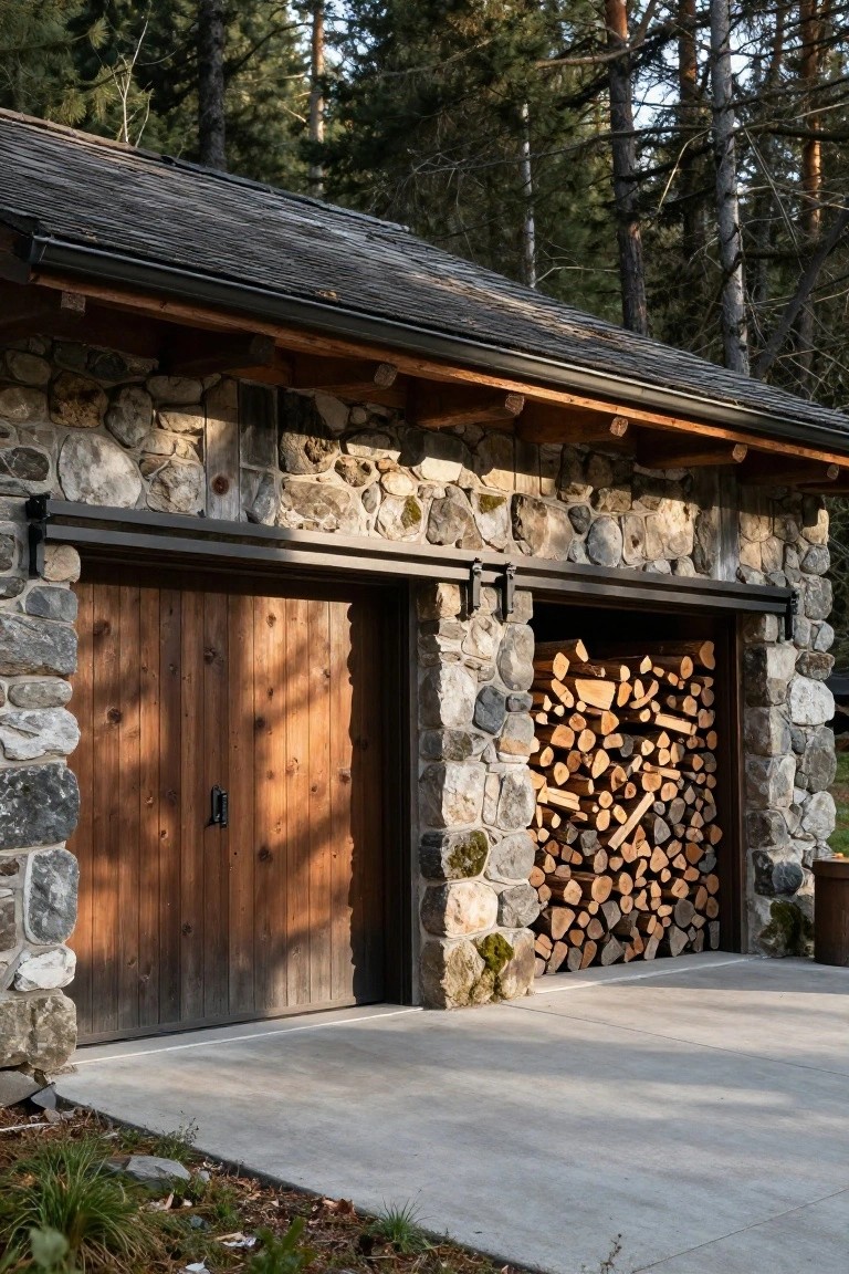 Two-door garage made of stone with wooden sliding doors and a tall stack of firewood stored against the right side wall, surrounded by pine trees on a concrete pad.
