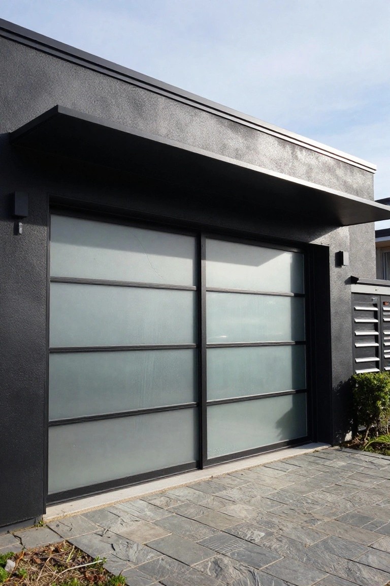 Modern two-car garage with vertical frosted glass sliding doors framed in black on a dark stucco exterior wall under a flat overhang with wall lights and a stone slab pathway.