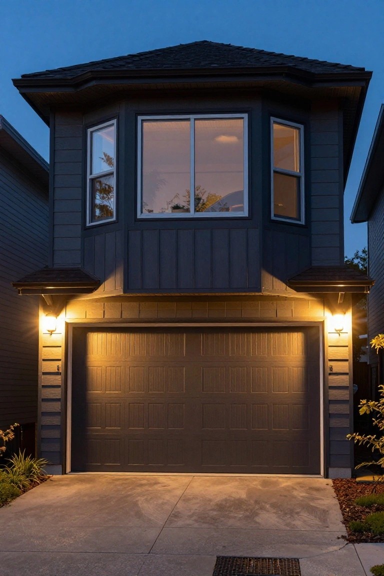 Evening photo of a modern two-story dark gray house with a closed two-car garage door, eave-mounted lights illuminating the front, and a concrete driveway.