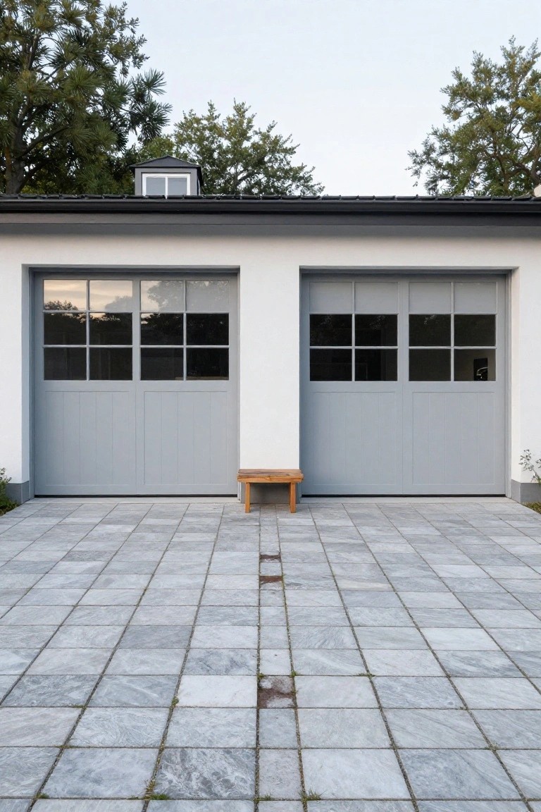 Two gray garage doors with window panels on a white-walled building, gray tiled pavement in front, wooden bench centered between doors, small plants nearby, and trees in background.