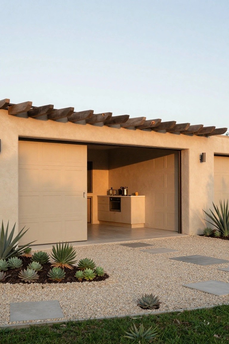 Beige stucco garage with large open sliding door revealing white kitchen counter, sink, and cooktop inside, gravel pathway edged by succulent plants, wooden beam pergola roof, and yard beyond.