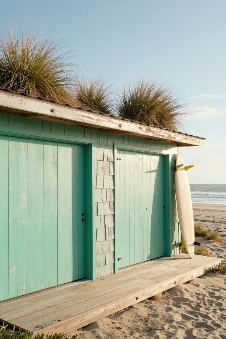 Mint green wooden double garage doors on a small beachside structure with a pitched roof covered in dune grass, surrounded by beach grass and sand, with a white surfboard leaning against the side near the ocean.