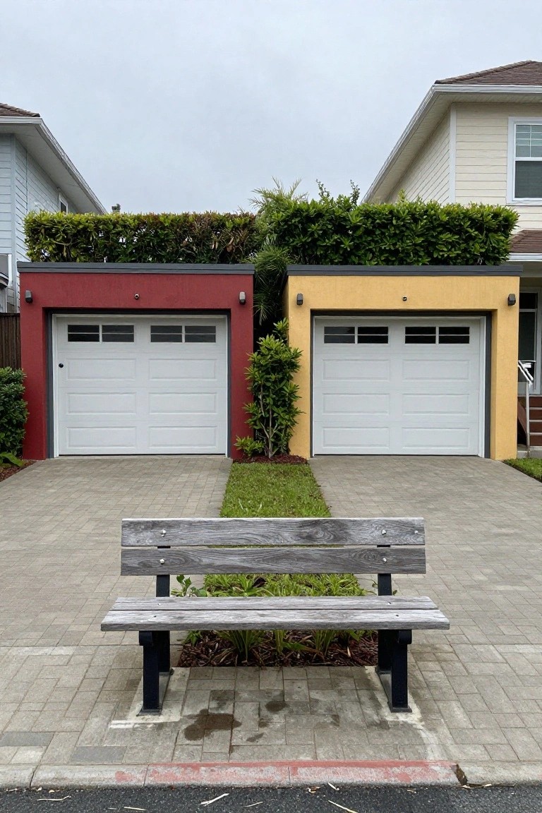 Two attached garages side by side with one red exterior and one yellow exterior, both having white garage doors, a wooden bench and narrow grass strip centered between paved driveways, surrounded by hedges and neighboring homes.