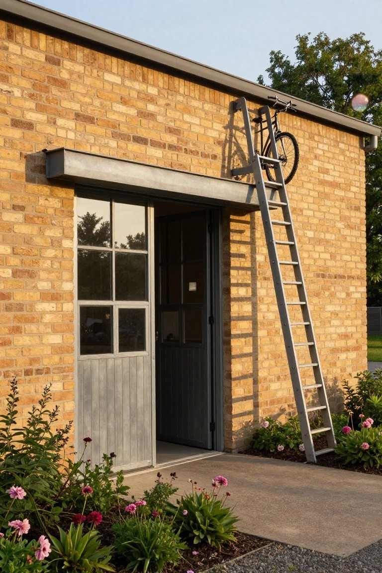 Brick garage exterior with gray sliding metal door partially open, tall silver ladder mounted vertically on the wall holding a bicycle, potted plants and gravel path in front.