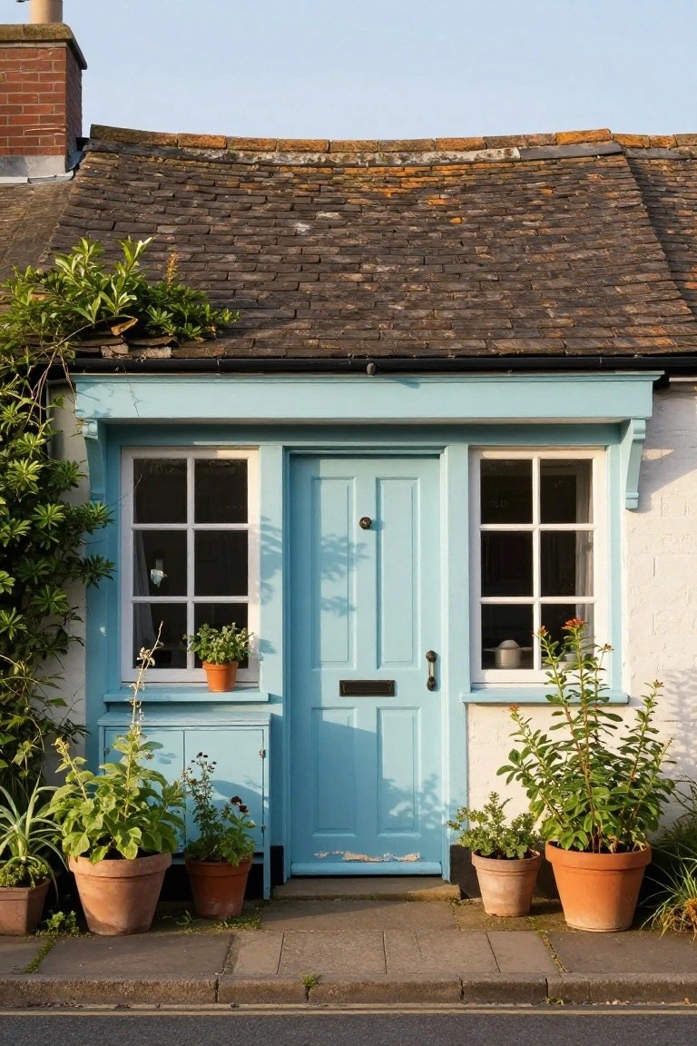 Small white cottage exterior with blue front door and matching blue window frames, flanked by white windows and surrounded by terracotta pots filled with plants on a stone doorstep.