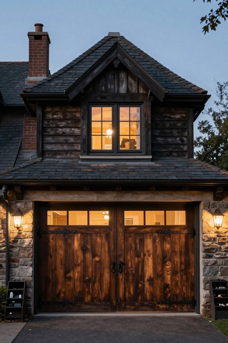 Dark wooden garage doors beneath a stone-and-wood house with lit windows at dusk.