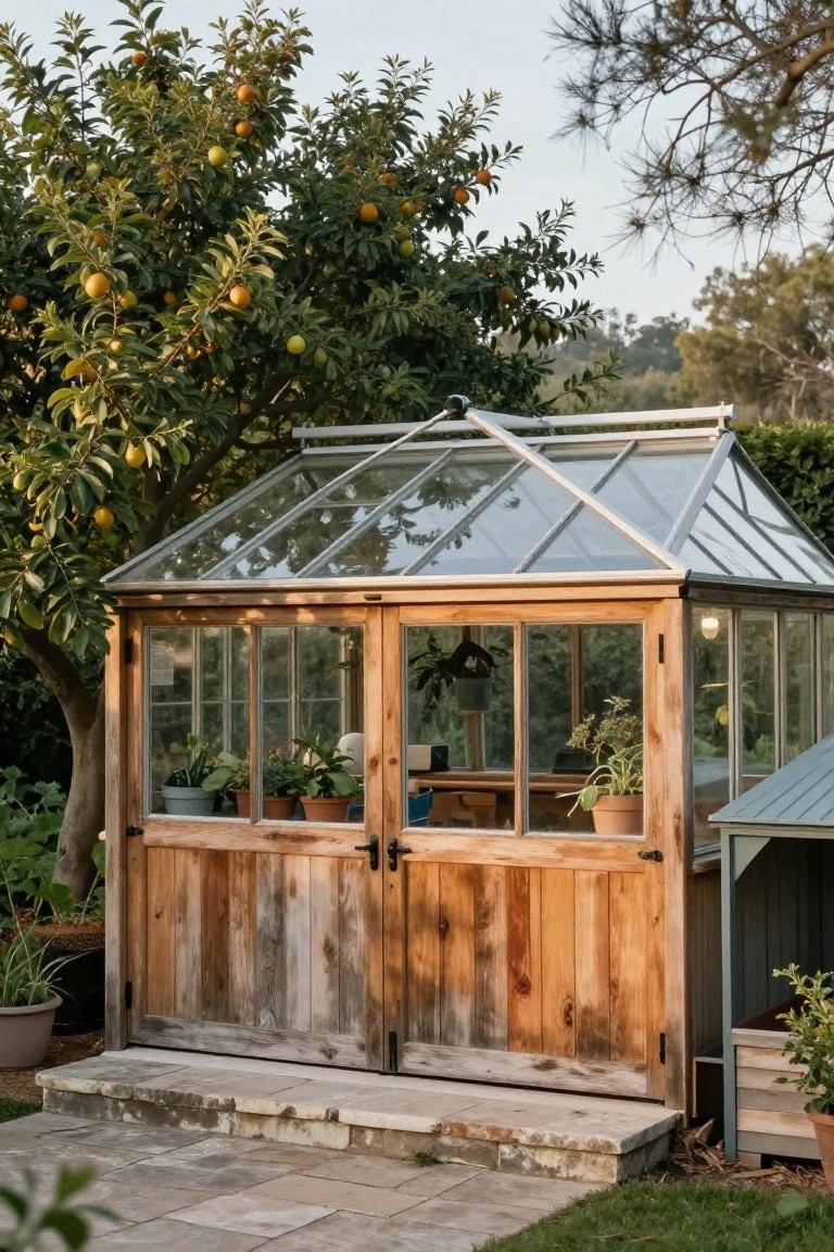 Wooden-framed greenhouse with glass panels and roof, featuring rustic double doors, positioned in a garden beside an orange tree, plants, and a stone pathway.