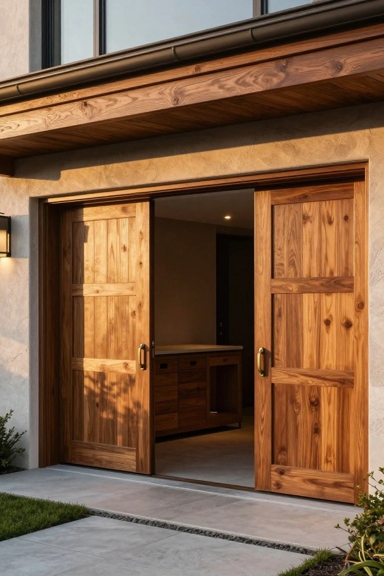 A beige stucco house exterior with open wooden sliding barn doors on a two-car garage, wooden overhang above, lantern lights on the wall, and a concrete pathway leading to grass and plants.