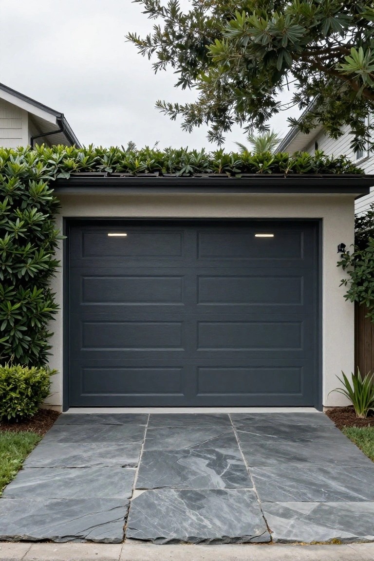 Two-car garage with dark gray paneled doors recessed under a black gutter, white stucco house walls, green shrubs and overhanging tree branches on sides, large gray slate pavers in front of the doors on a driveway.