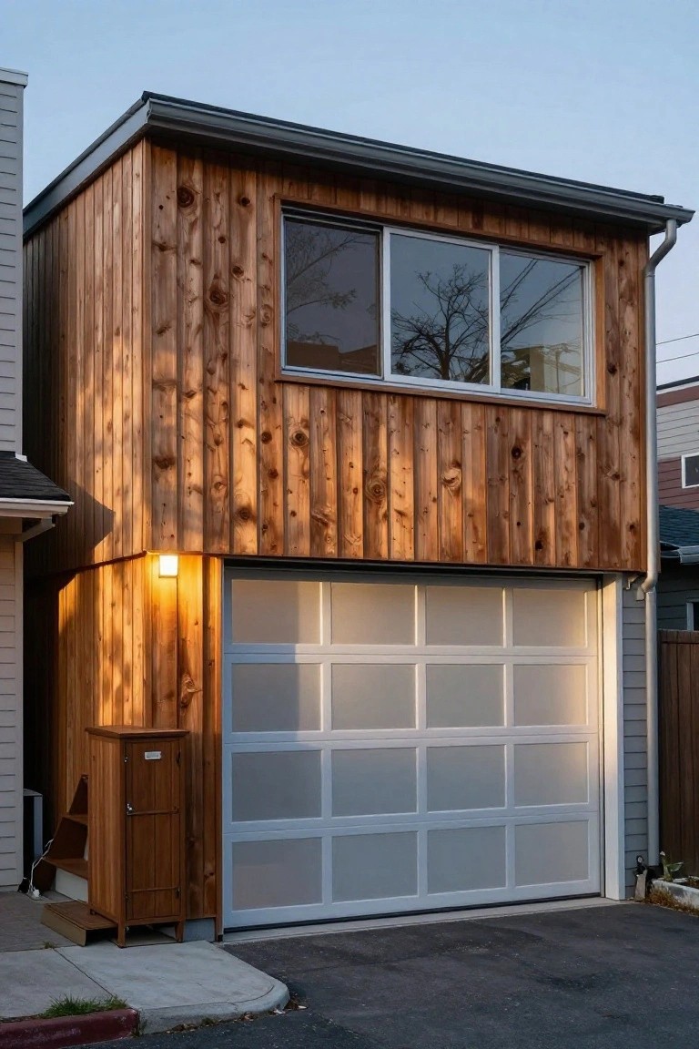Narrow two-car garage with vertical reddish cedar siding, large frosted glass door, side window, and exterior light, attached to a house on a driveway at dusk.