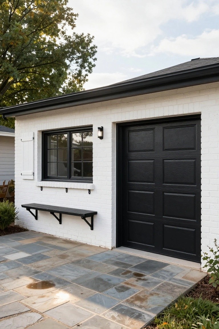 Detached white brick garage with black double door, black-trimmed window, wooden bench below window, and slate paver patio in front.